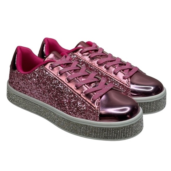 New Pink Glitter White w Rhinestone 2” Platform Festival Party Sneakers Size 7.5 - Picture 7 of 16
